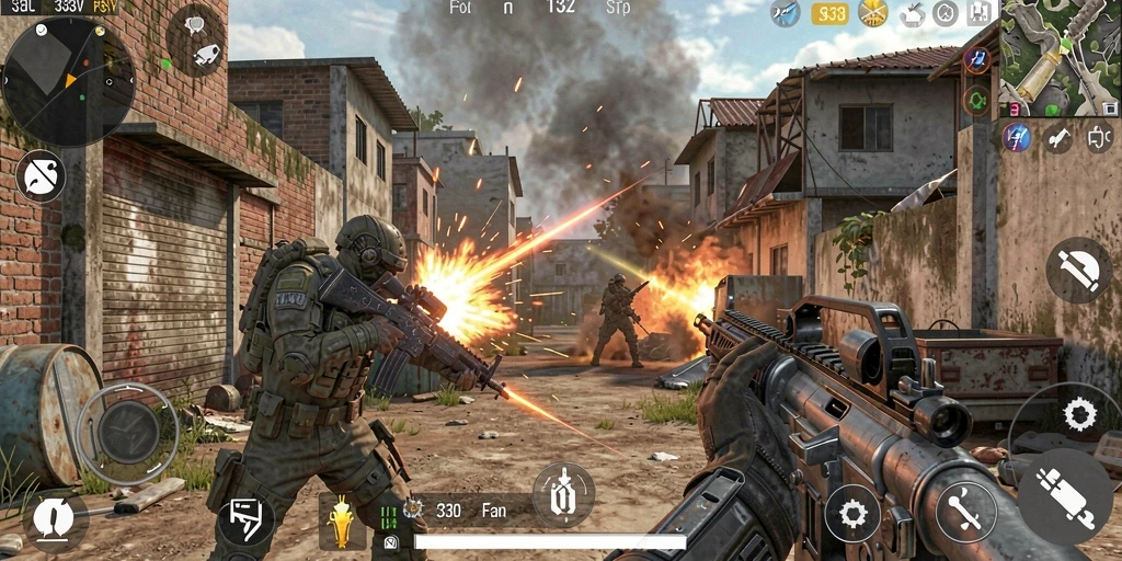 Tangkapan layar dari gameplay intens 333V di medan perang FPS.