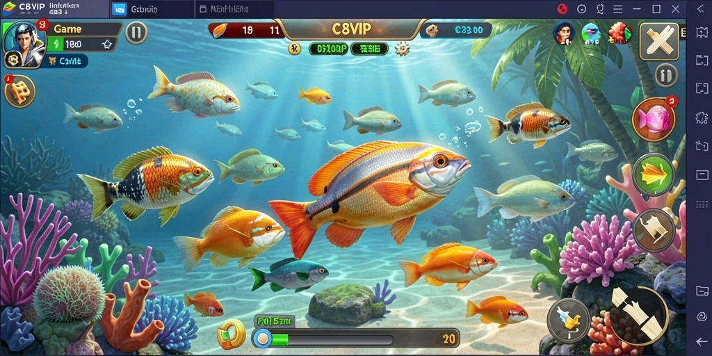 Screenshot utama C8VIP menampilkan aksi seru menembak ikan.