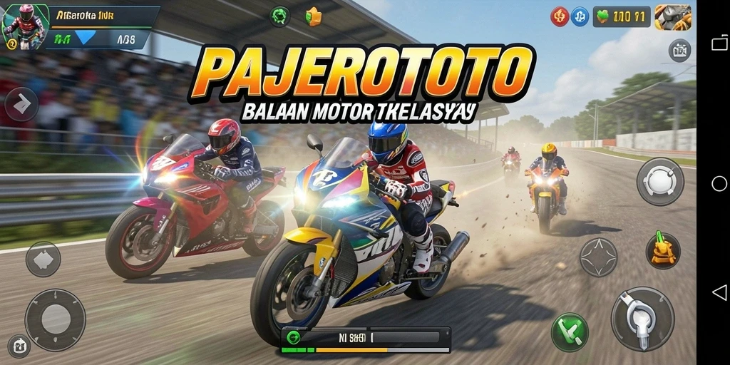Screenshot gameplay balapan motor dengan lintasan yang mendebarkan.