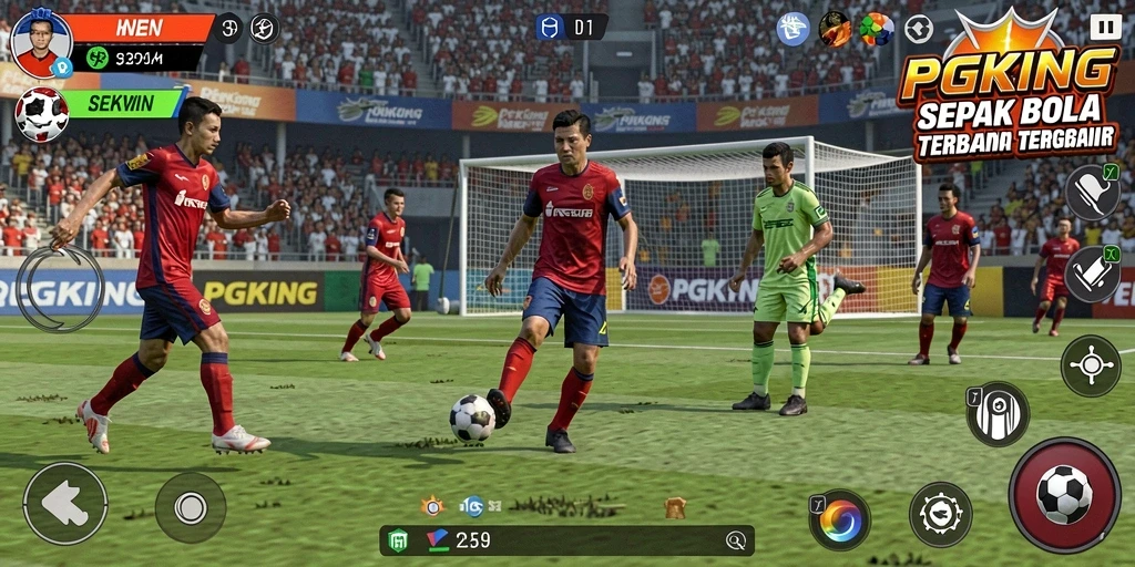 Tampilan game PGKING yang menampilkan aksi seru di lapangan sepak bola.