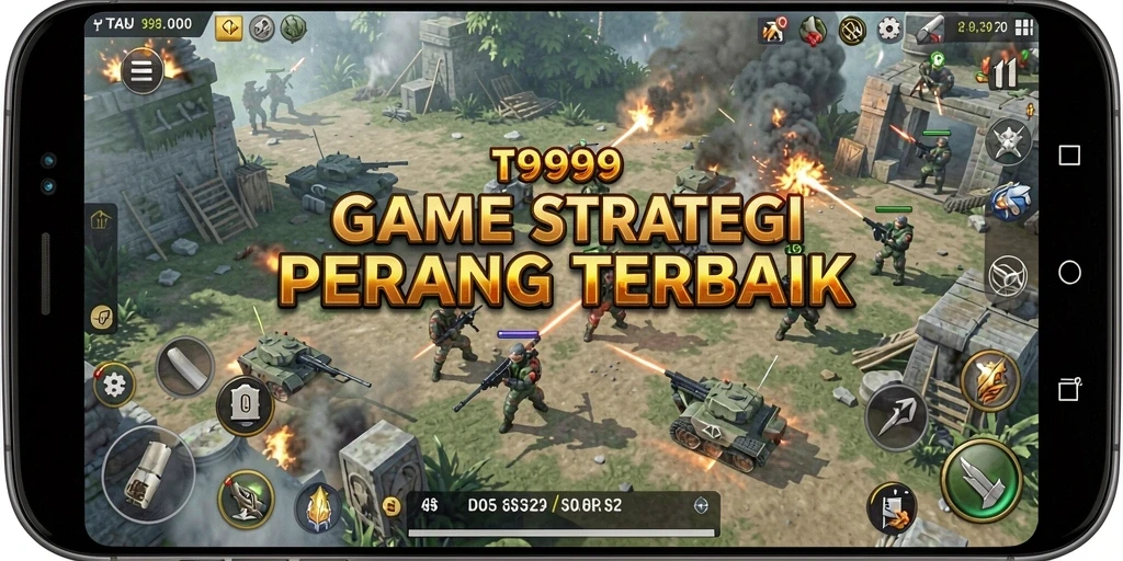 Screenshot utama menampilkan pertempuran strategis dalam gameplay T9999.