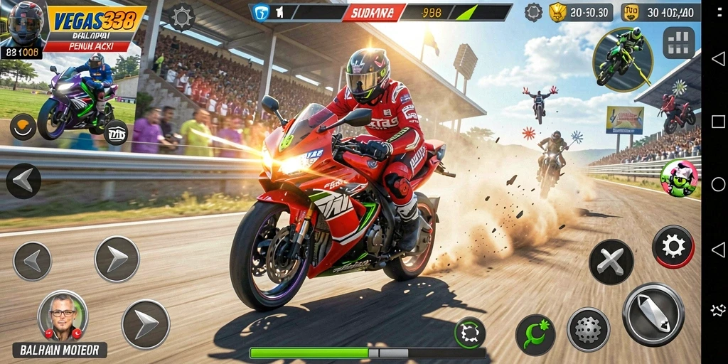 Tampilan gameplay balapan motor yang seru di VEGAS338.