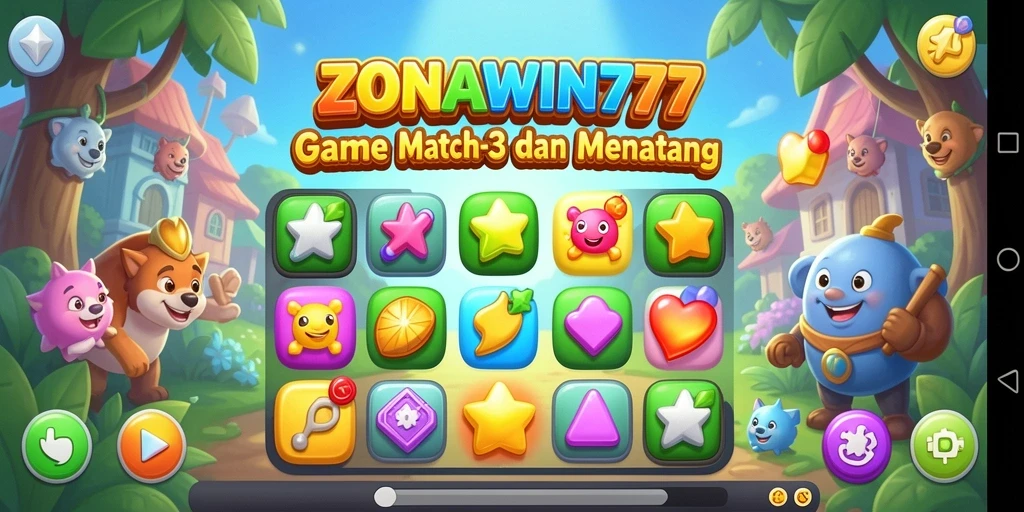 Tampilan gameplay ZONAWIN777 dengan level Match-3 penuh warna.